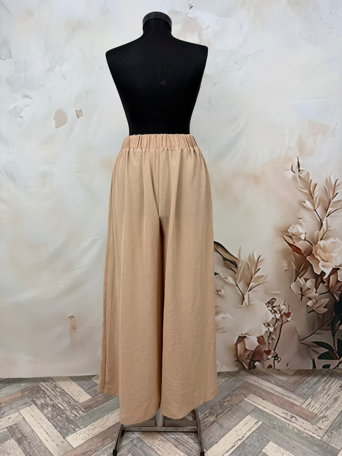 Pantaloni palazzo bej cu talie elastică