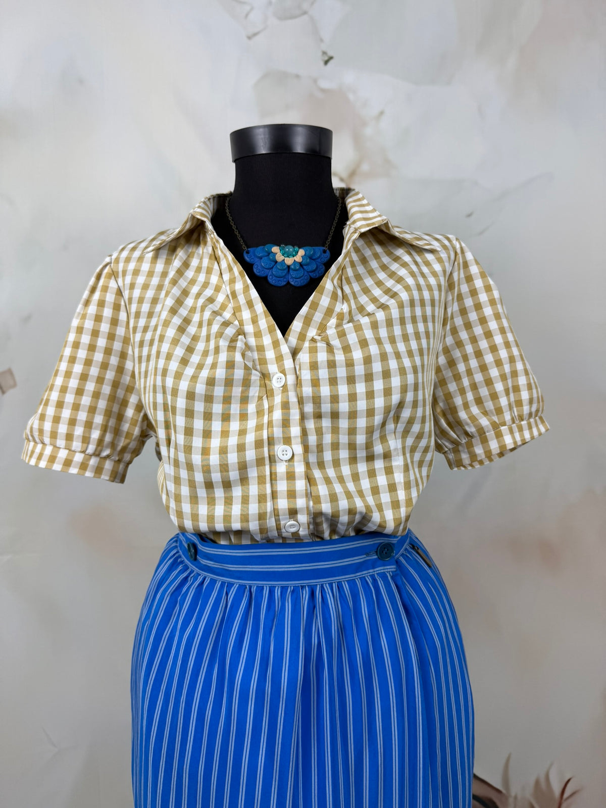 Cămașă retro gingham cu mâneci bufante | Golden Check