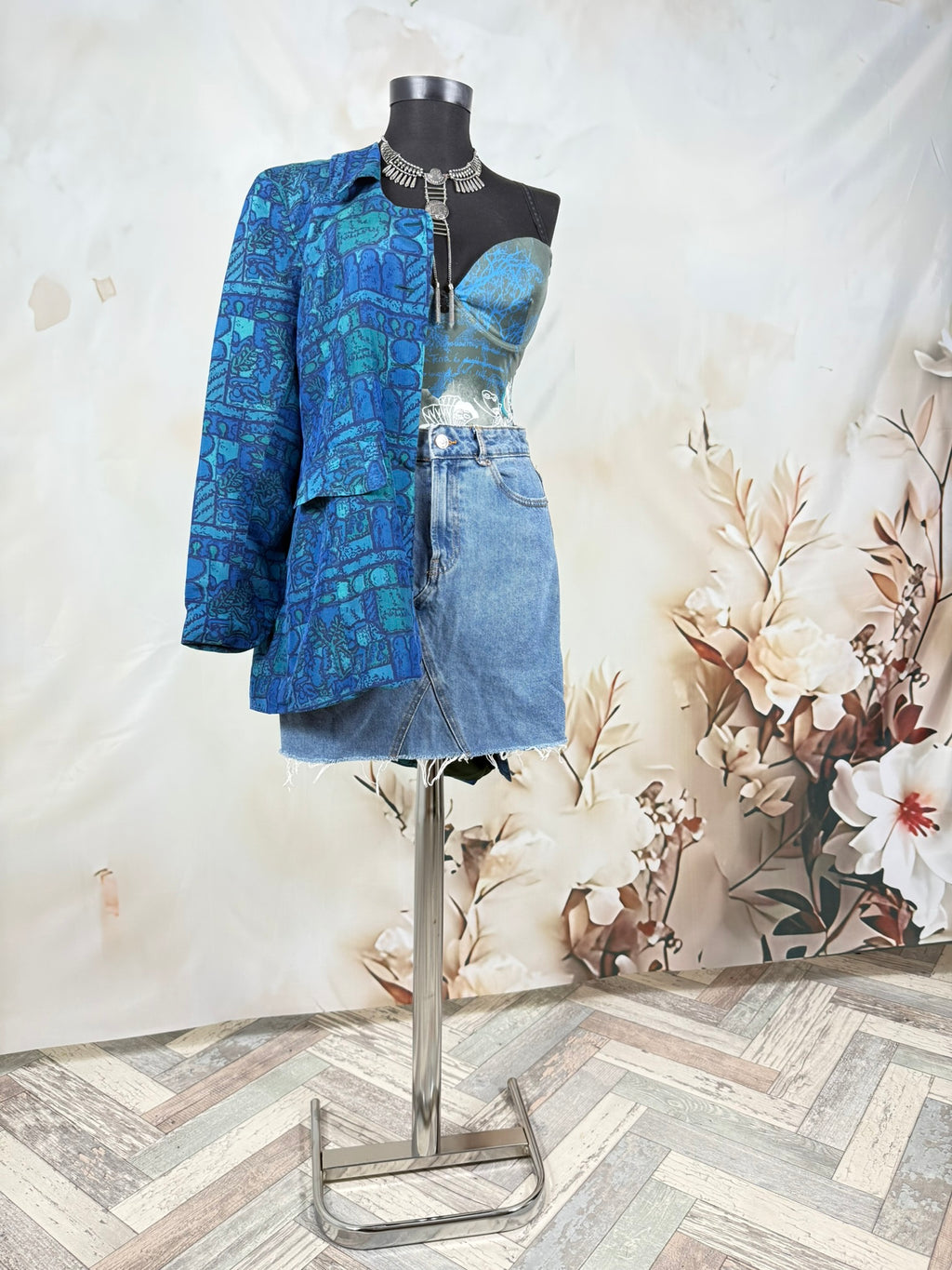 Fustă Mini din Denim Bleu cu Tiv Franjurat