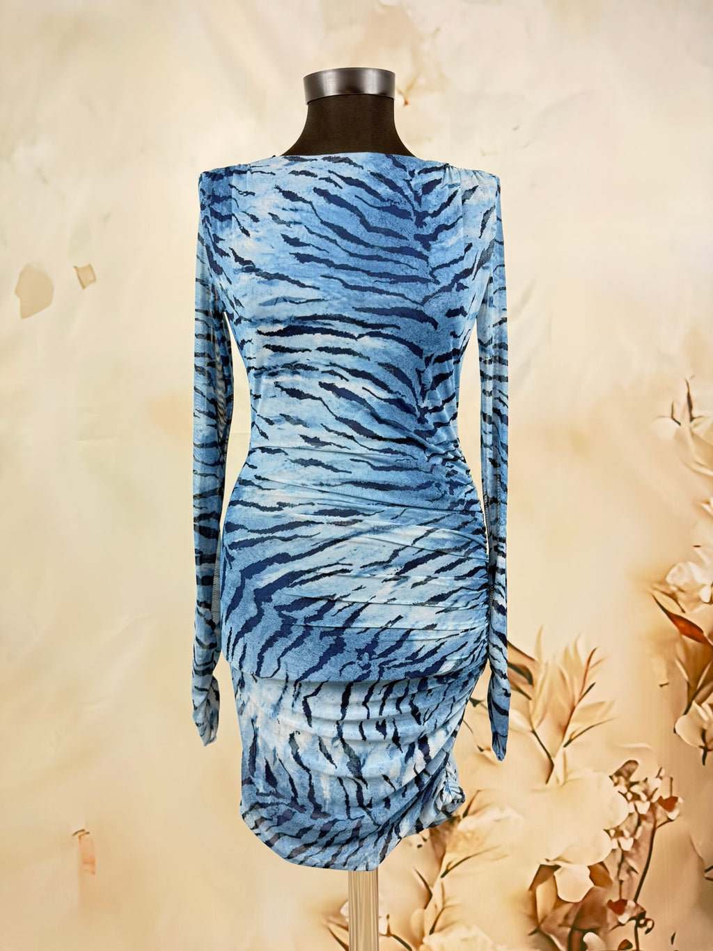 Rochie mini albastră din mesh cu print zebra