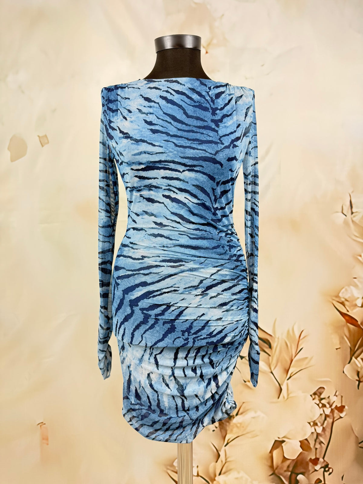 Rochie mini albastră din mesh cu print zebra