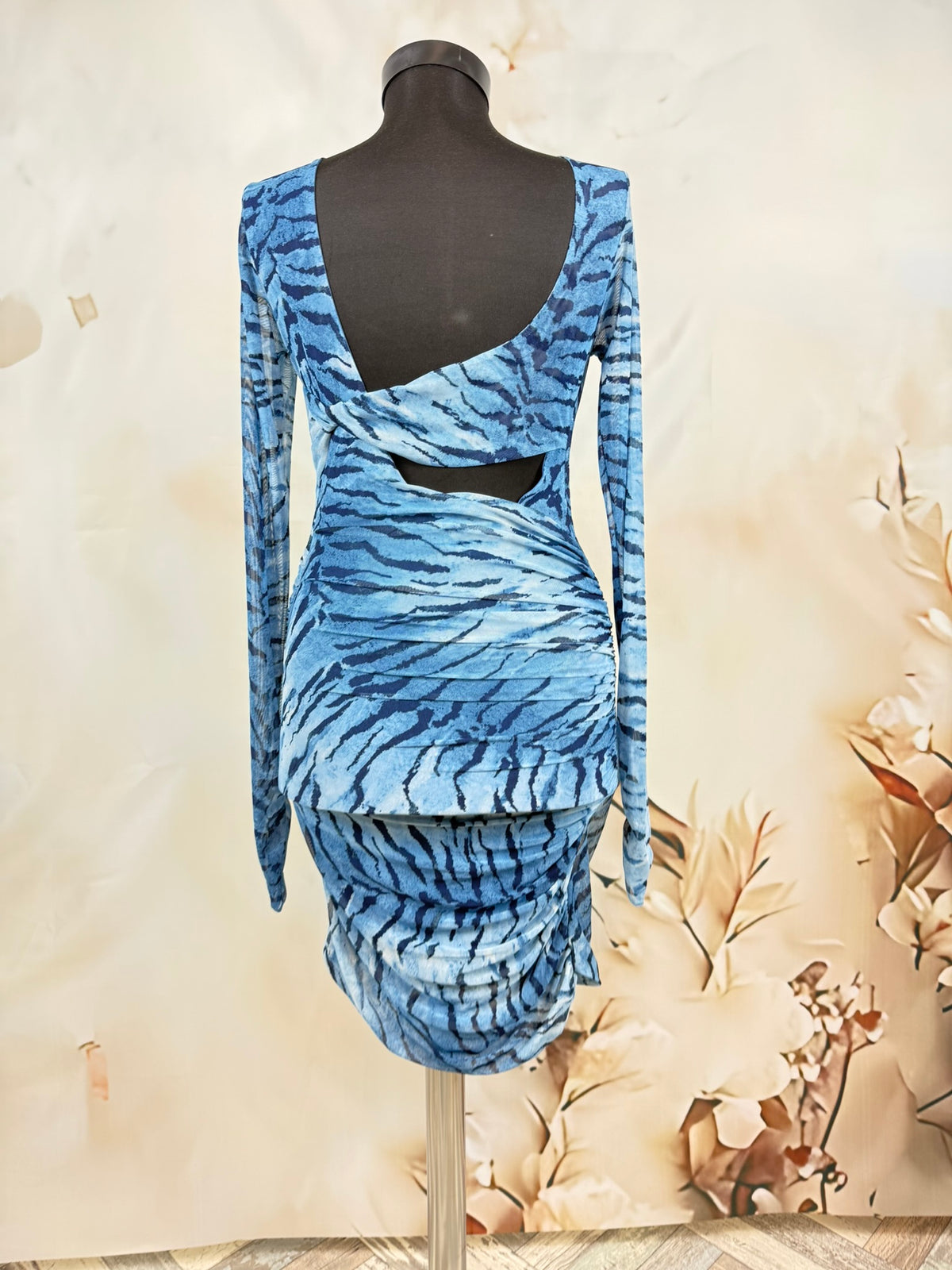 Rochie mini albastră din mesh cu print zebra