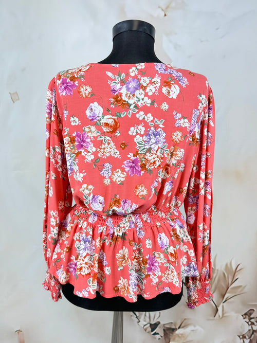Bluză petrecută coral cu print floral