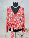 Bluză petrecută coral cu print floral