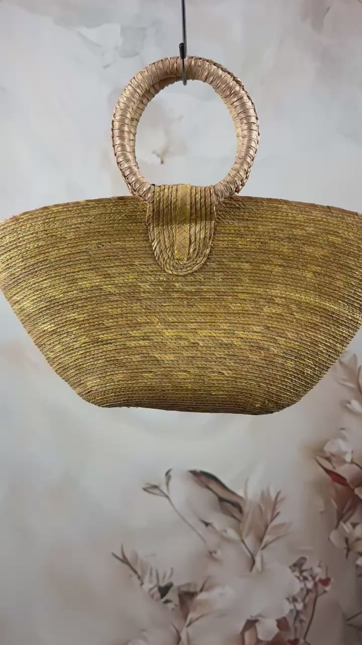 Geantă vintage din paie cu mânere rotunde | Golden Straw