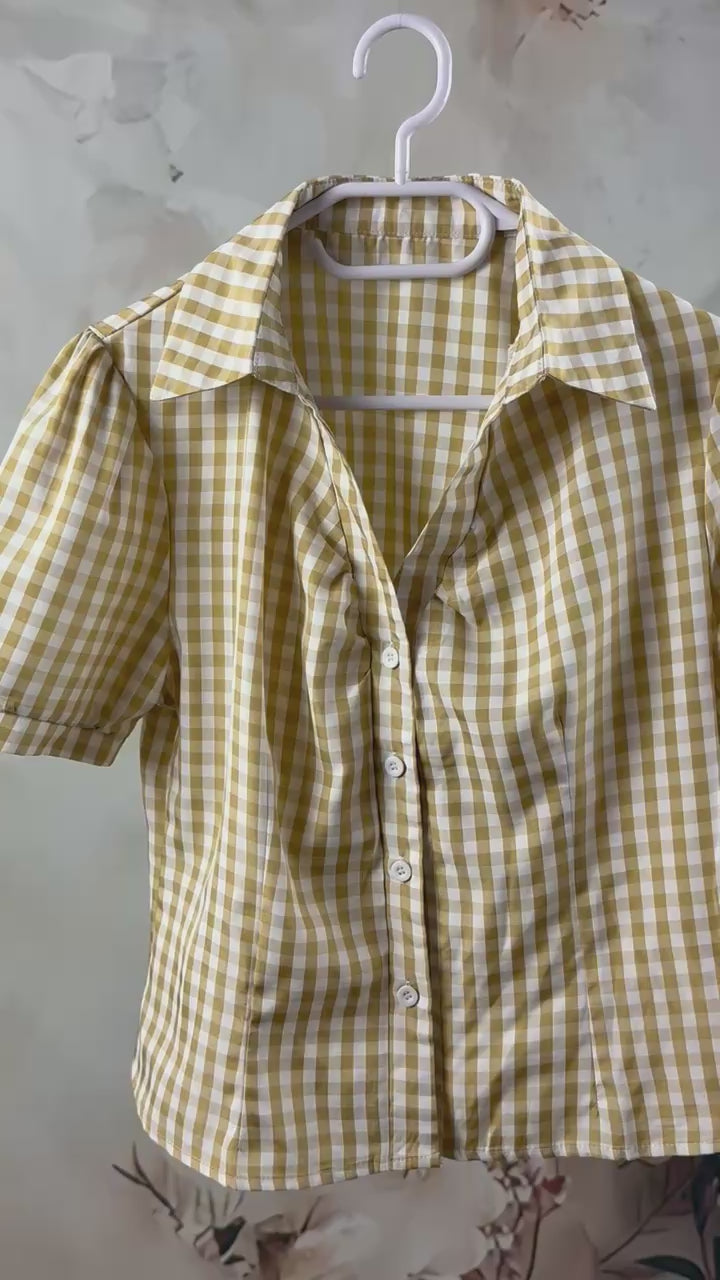 Cămașă retro gingham cu mâneci bufante | Golden Check