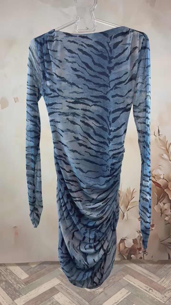 Rochie mini albastră din mesh cu print zebra